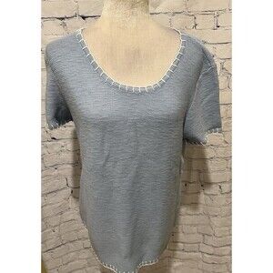 LULU B Sweater Womens Medium Light Blue Short Sleeve Knit Trim Pullover Medium